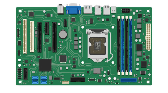 Rectangular computer motherboard with silver circuits, tiny microchips, sockets, slots, and ports, flat vector illustration on clean white background, technology hardware concept