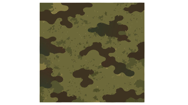 Seamless square swatch of military-style camouflage fabric pattern in olive green, khaki tan, and dark brown patches with worn textured cloth appearance for design use