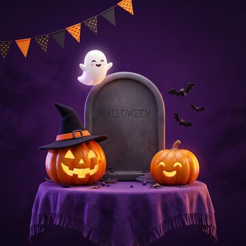 Cute cartoon halloween pumpkins with a ghost and a headstone on a table with a purple cloth and festive bunting banner decorations