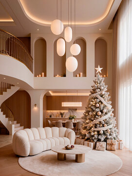 New year tree in modern house interior. AI generated