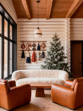 New year tree in wooden house interior. AI generated