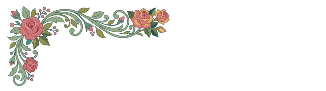 Decorative floral corner element with roses and green leaves, isolated