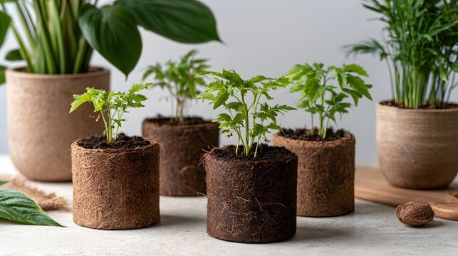 Young green plants growing in biodegradable coconut fiber pots arranged on a light surface with larger potted plants in background