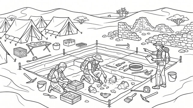 Archaeological dig site with tents and ruins is depicted in a detailed vector illustration archaeology excavation
