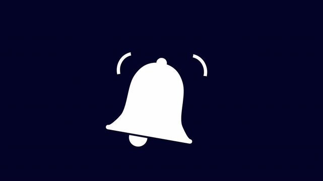 Animated white notification bell icon ringing on a dark blue background, simple flat design for alerts, reminders, and social media notifications for digital interfaces