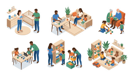 Fototapeta premium Family and Childcare Scenes Depicting Parenting, Learning, and Play in Cozy Home Environment