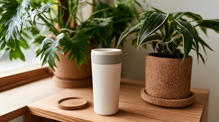 Fototapeta premium A white reusable tumbler sits on a wooden surface beside potted plants with lush green leaves