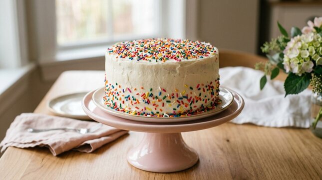 Round frosted white layer cake topped with colorful rainbow sprinkles displayed on a pale pink pedestal cake stand on a wooden table