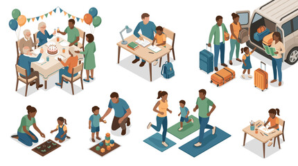 Fototapeta premium Vibrant illustrations depicting family gatherings, travel preparations, children playing, and working environments in a lively