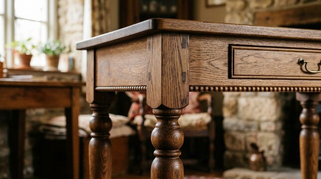Close-up of antique turned oak table leg meeting corner drawer with hand-rubbed warm wood grain finish in rustic interior setting