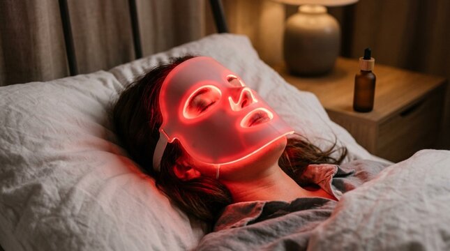 Close-up of woman lying on white bed linens wearing glowing red LED light therapy face mask, soft ambient lighting, serum bottle on wooden nightstand, spa wellness skincare beauty treatment