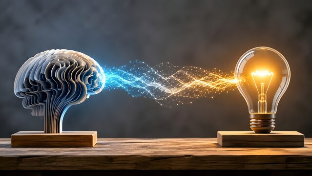 Layered paper brain connecting to glowing lightbulb with energy wave representing creative thinking process