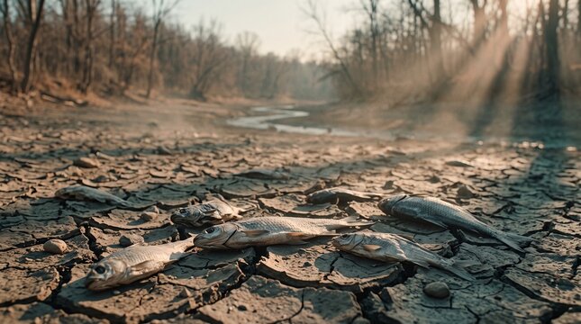 A grim landscape of a dried riverbed, cracked earth, and dead fish under sun rays, powerfully depicting the severe consequences of drought, global warming, and environmental degradation
