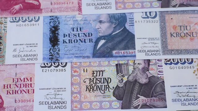 Iceland, Icelandic paper banknotes krona for settlements and financial transactions. Icelandic krona