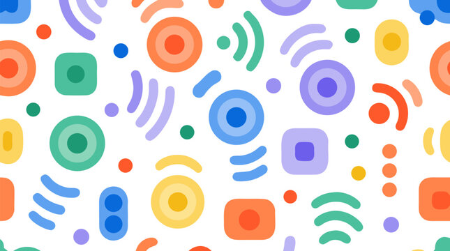 Flat design seamless pattern with abstract sensor-inspired shapes, soft blurred edges in bold flat colors, geometric circles, rounded squares, wifi arcs, dots on white background, modern vector