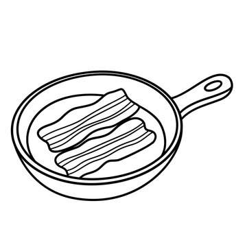 Frying pan with bacon strips vector illustration. Skillet cooking line art clipart isolated.