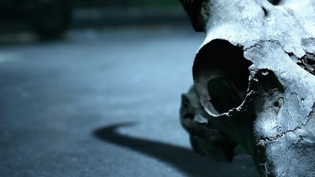A skull lies on the ground in an urban area at night. The scene is dimly lit, and the skull is positioned off to the side, with shadows around it.