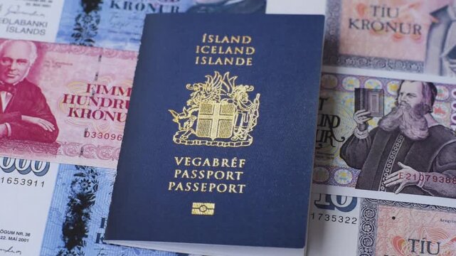 Iceland, Icelandic passport or id document with tickets for flight, travel, border crossing. Icelandic passport as a background for your design