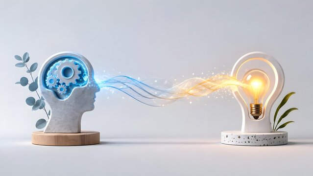 Stone head with glowing gears connecting to lightbulb representing artificial intelligence and creative process