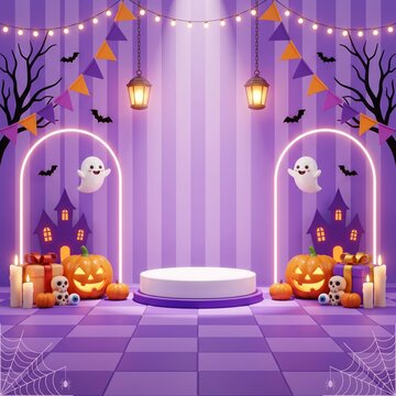 Empty product display podium with cute ghosts and pumpkins for a spooky halloween celebration party with purple background and festive lights