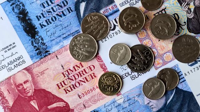 Iceland, Icelandic paper banknotes krona for settlements and financial transactions. Icelandic krona