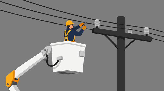 Flat vector illustration of an electrician in safety gear and yellow hard hat, working from a bucket truck, maintaining overhead power lines connected to a wooden utility pole on gray background