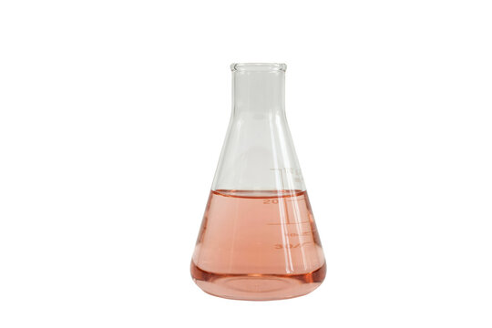Clear glass erlenmeyer flask containing pink liquid chemical solution with graduated measurement markings isolated on a transparent background