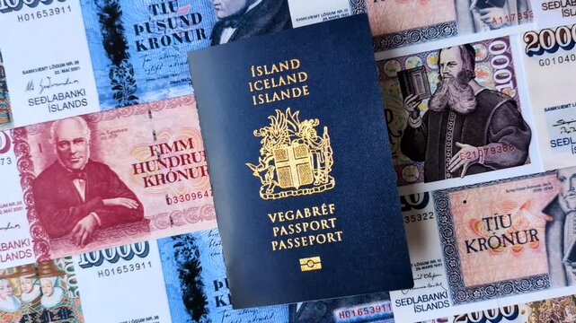Iceland, Icelandic passport or id document with tickets for flight, travel, border crossing. Icelandic passport as a background for your design