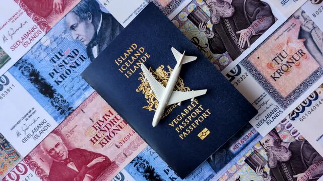 Iceland, Icelandic passport or id document with tickets for flight, travel, border crossing. Icelandic passport as a background for your design