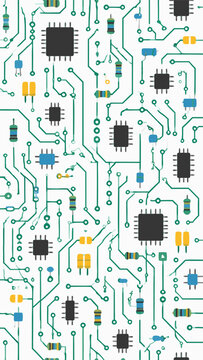 Seamless vector motherboard circuit pattern with simple traces resistors chips and capacitors on white background for tech designs