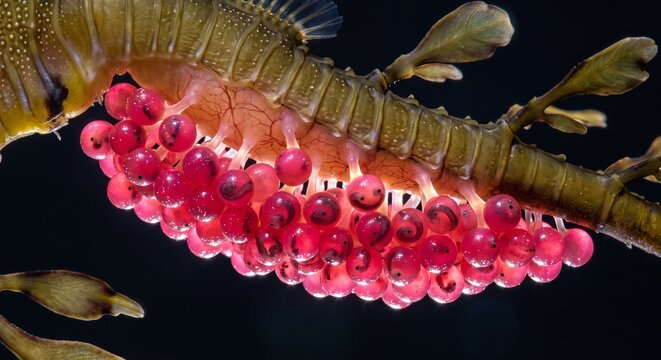 Macro view of a male leafy seadragon carrying pink eggs on its tail