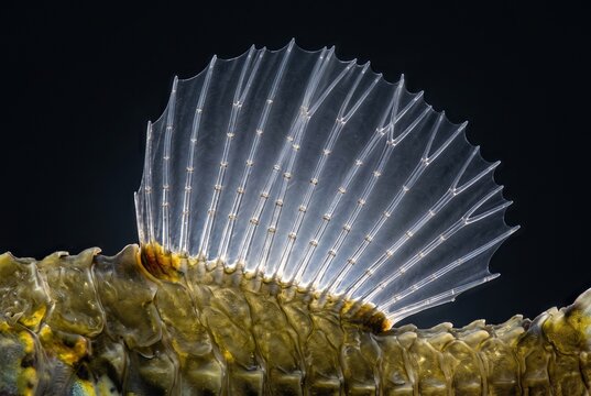 Extreme macro of a transparent dorsal fin on a leafy seadragon