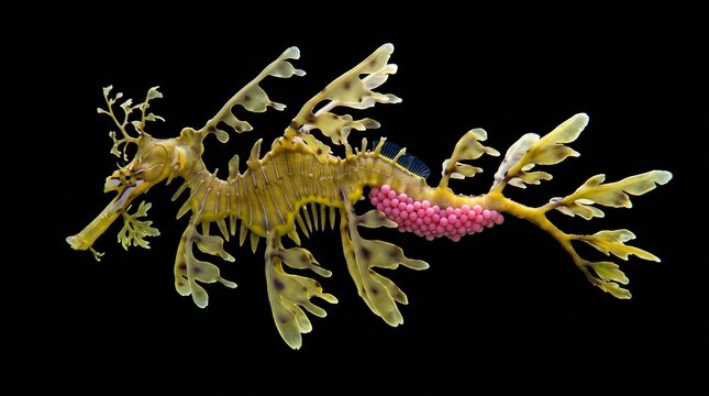 Lateral profile of a male leafy seadragon brooding pink eggs on a black background