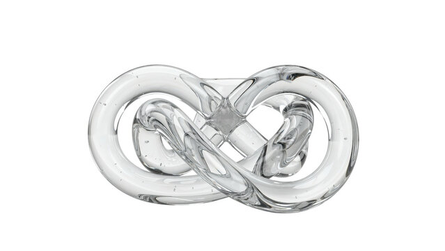 Clear glass infinity knot sculpture with twisted loops and reflective surfaces isolated on a transparent background
