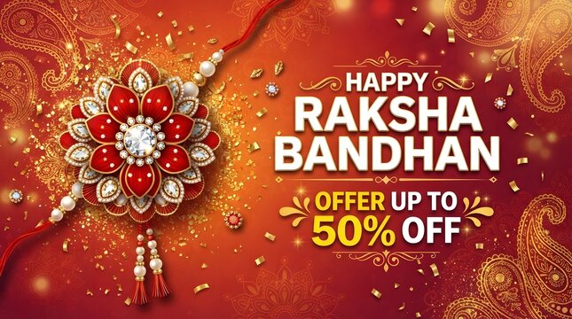 Happy raksha bandhan promotional banner with an ornate jeweled rakhi and 50 percent off discount offer
