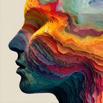 A vibrant, layered abstract profile of a human face, composed of colorful, textured waves creating depth and dynamic contrast.