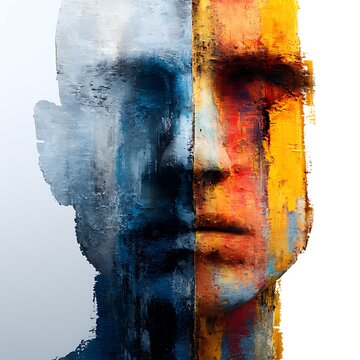 A textured, abstract portrait of a human face split vertically, with blue tones on the left and warm orange tones on the right.