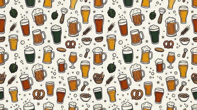 Hand Crafted Beverage Doodle Seamless Motif Featuring Mugs Foam and Bar Elements for Party Graphics Menu Cover and Print Design pattern beer beverage drink doodle seamless hand drawn background pub