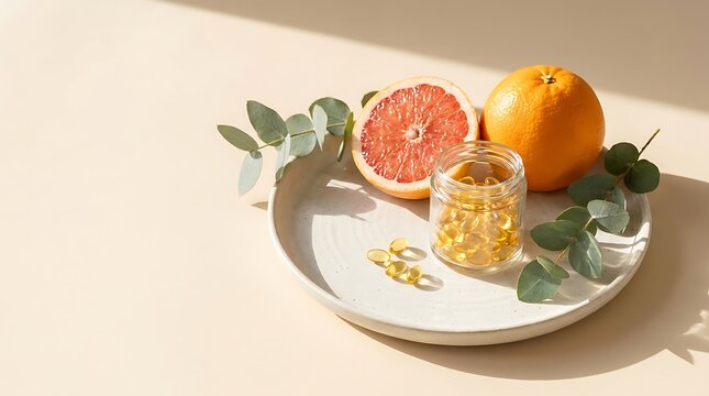 Fresh grapefruit and honey in a glass jar on a wooden plate with green leaves. vitamina d