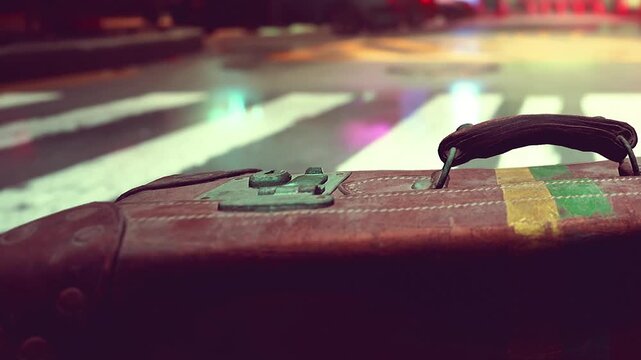 A brown leather suitcase rests on a crosswalk at night. The wet street reflects colorful lights from nearby buildings. Cars are parked and the atmosphere feels busy.