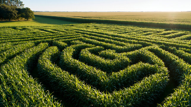 Aerial view of a vast green corn field maze in the countryside intricate winding pathways seen from directly above bright clear daylight sunlit farmland stretching to the horizon corn