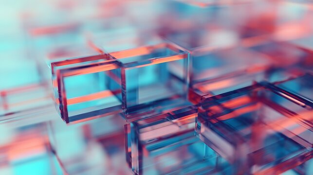 Transparent, interconnected glass cubes with reflections create an abstract, futuristic 3D geometric structure in soft blue and red lighting.