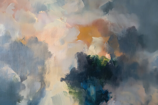 Abstract artwork painting expressing soft brushstrokes creating an atmospheric sky with dynamic clouds and warm light