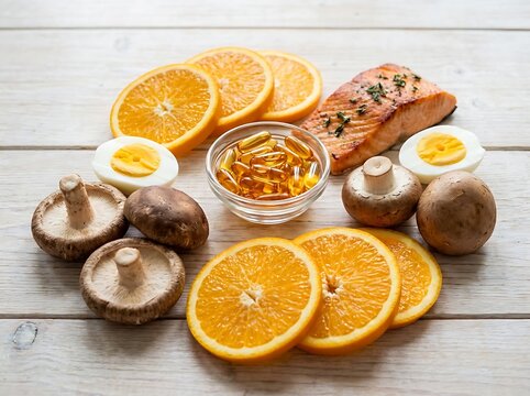 Healthy food selection with salmon eggs mushrooms oranges and vitamin supplement capsules. vitamina d
