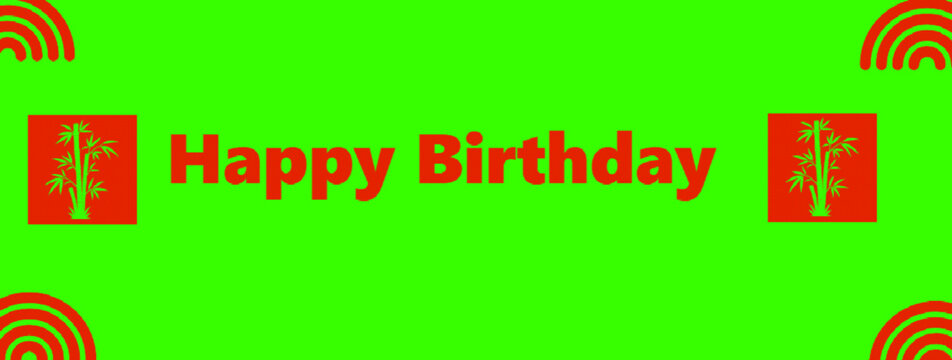 Happy birthday greeting banner featuring bamboo plant graphics with brown text set against bright vivid lime background.