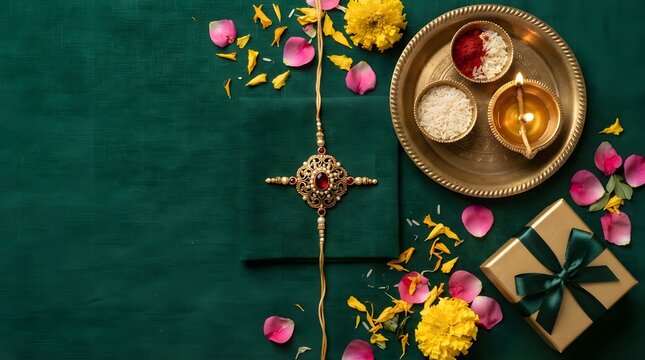 Raksha bandhan festival celebration with a traditional rakhi, a brass plate with diya, rice, vermilion, and a gift box on a dark green background