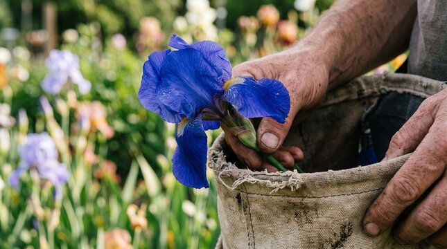 Gardener holding a freshly picked vibrant blue iris flower in a garden harvest setting