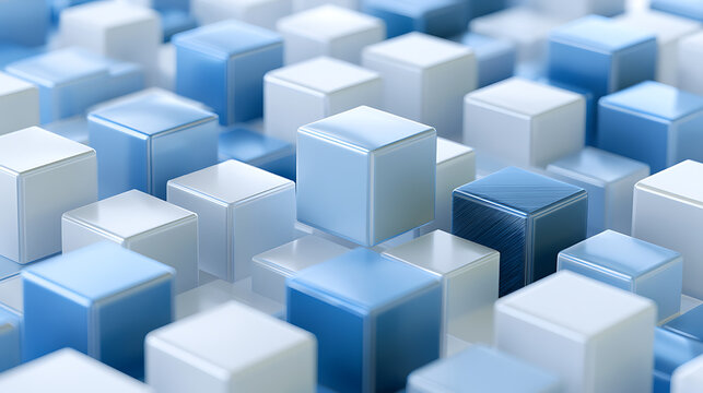 Isometric blue and white cubes create a geometric three dimensional arrangement