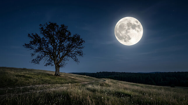 Full moon rising over a solitary tree in a field.