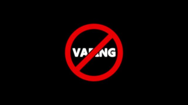 No Vamping warning symbol with red prohibition circle and slash over white Vaping lettering, automotive safety concept, anti-lock braking system restriction icon on black background.
